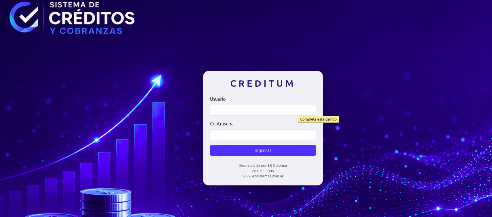 Pantalla de ingreso de Creditum